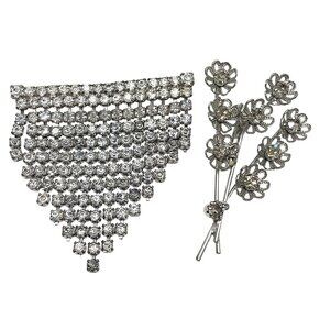 Vintage Rhinestone Waterfall & Flower Brooch Pin Set Cascading Crystal Design